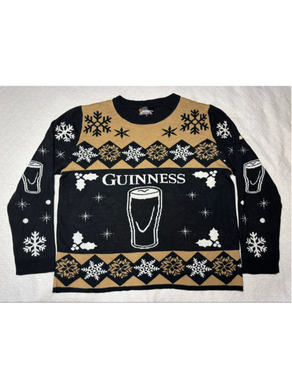 Guinness Beer Fair Isle Ugly Christmas Sweater XL Black Tan Winter Knit Nostalgi